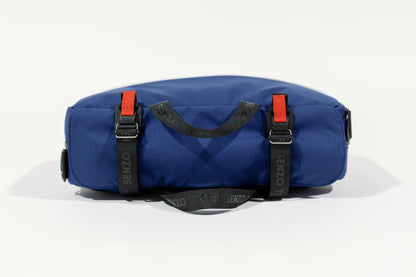 Top view of the blue bag. You can see the Fidlock buckles and branded Senzo TIger straps. 